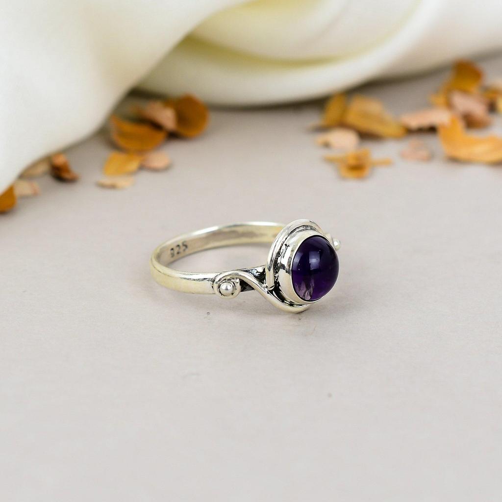 Amethyst Gemstone 925 Sterling Silver Round Handmade Jewelry Boho Ring For Women