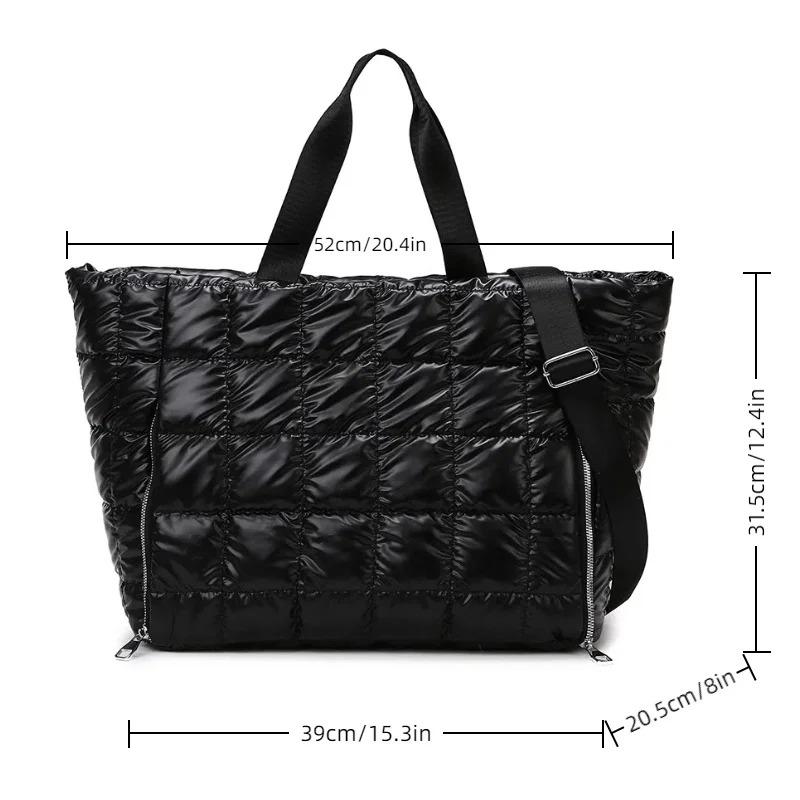 Large Capacity Quilted Tote Bags for Women Solid Color Women's Shoulder Bag for Gym Travel Fashionable Nylon Winter Padded Handbag
