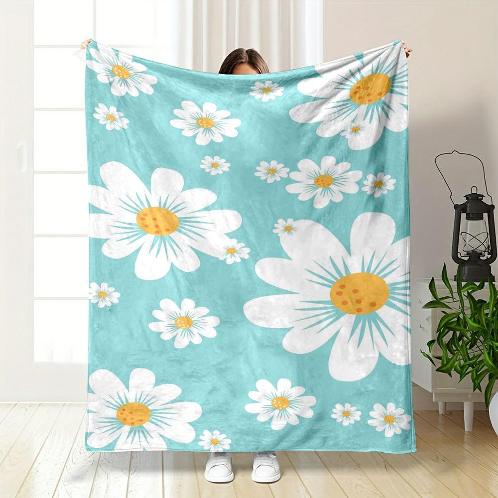 White Daisies on Light Blue Background Flannel blanket for bedroom, living room, sofa, and nap.