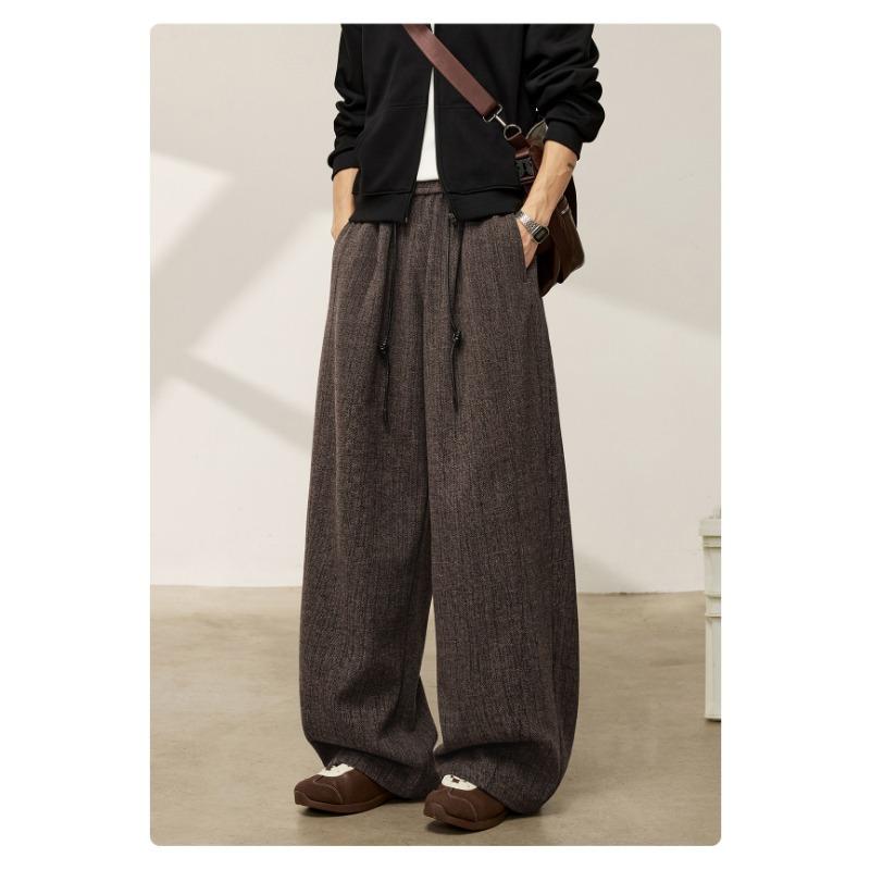Mens Loose Retro Casual Drooping Straight Long Imitation Wool Trousers