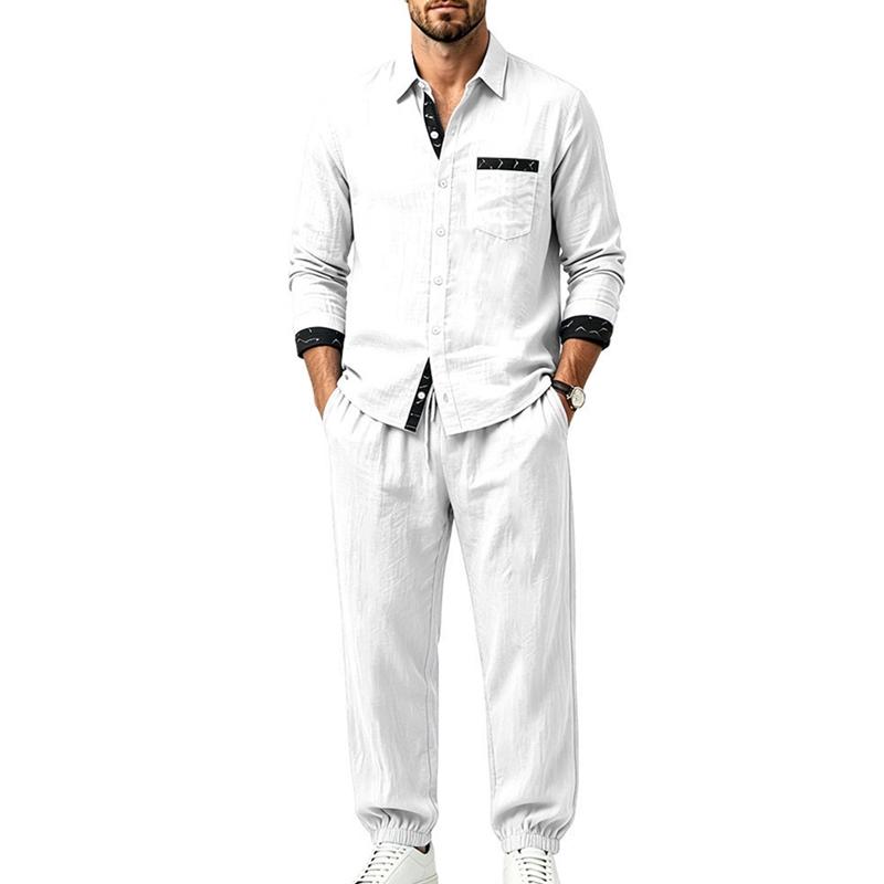 Men's 2‑Piece Linen‑Blend Set, Long‑Sleeve Button Shirt with Contrast Pattern Trim & Chest Pocket, Drawstring Jogger Pants Breathable Casual Outfit