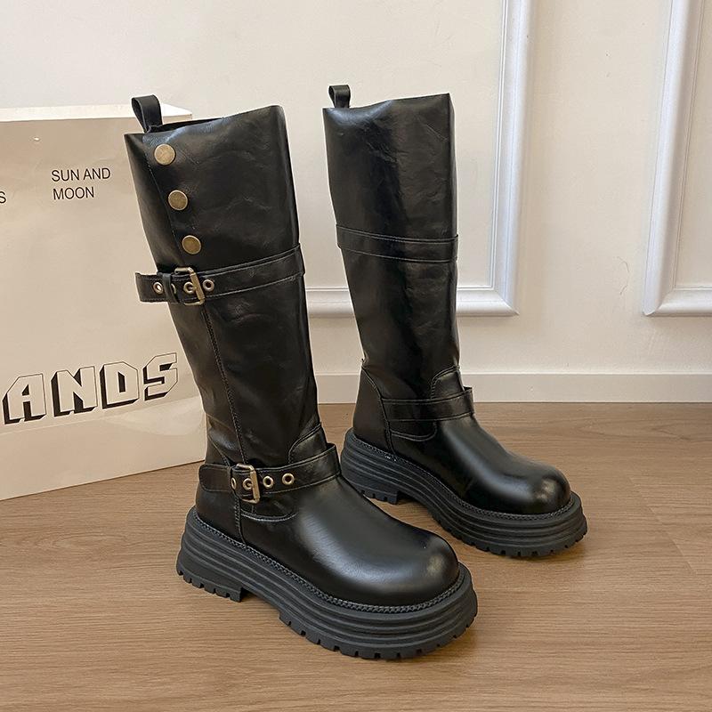 

Two inner height increases, wear retro British style thick heel thick-soled boots for women s winter new boots, tall and thin knight boots 40 чёрный