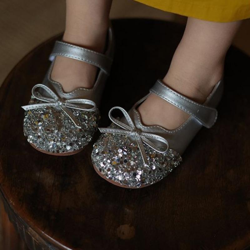 Girls Princess Shoes Shiny Sequins Kids Flat Shoes Round Toes Sweet 2025 New Children Dance Shoes Simple Bows Wedding Non-slip