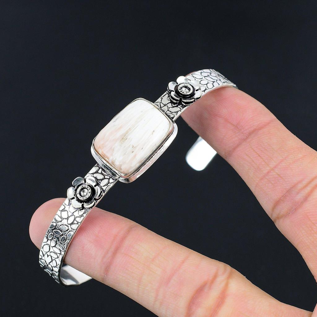 Natural Scolecite Gemstone Bangle Flower Adjustable 925 Silver For Women