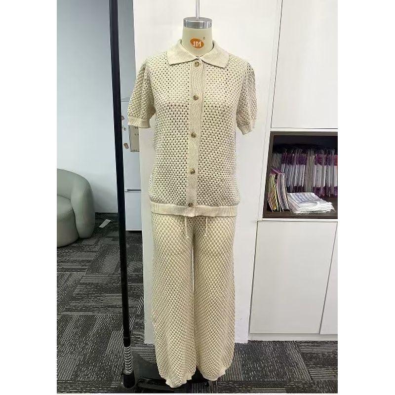 

Western Style Sexy Knitted Hollow out Top Pants Two-Piece Hollow out Top and Pants Set Beige White S