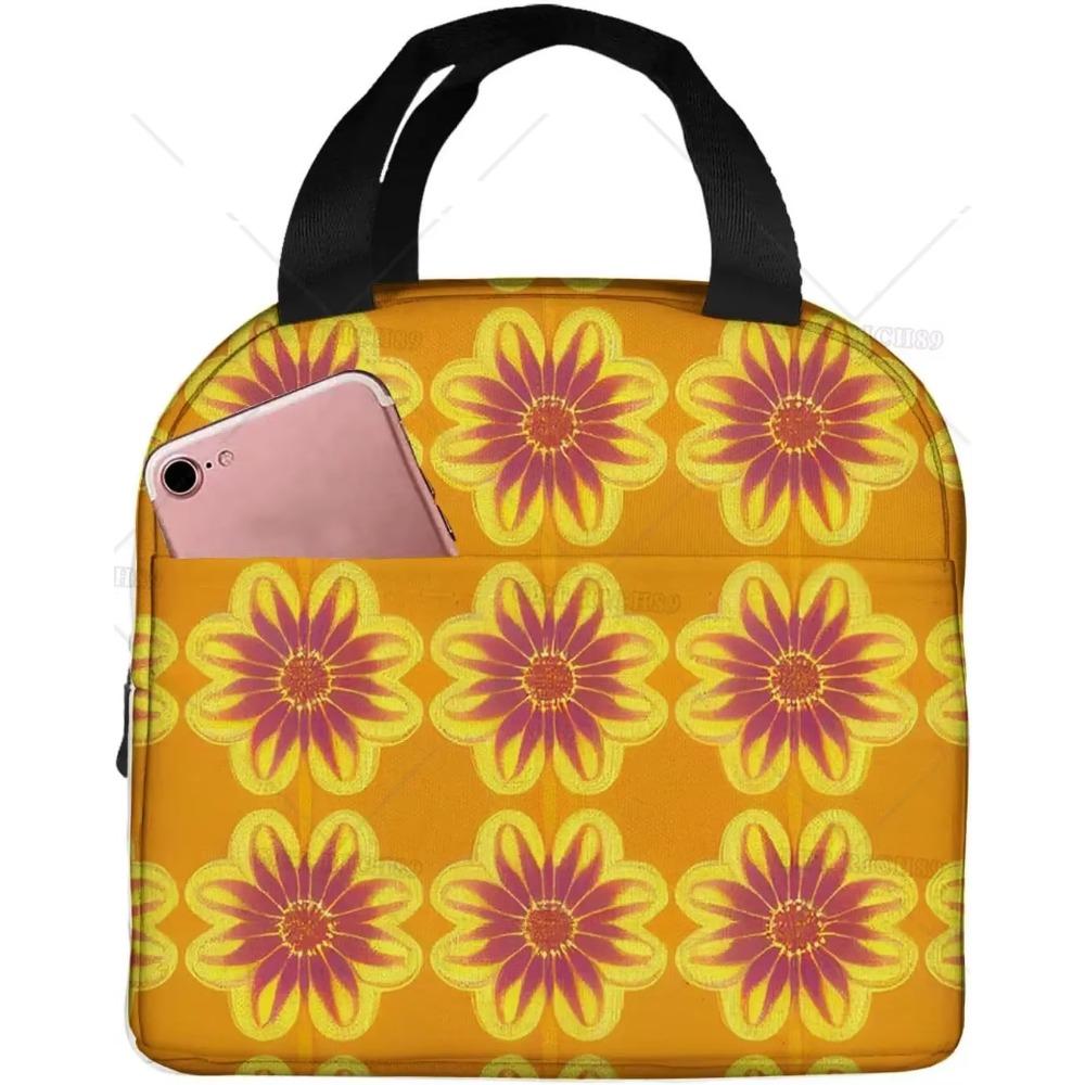 Orange and Yellow Flower Print Reusable Leakproof Lunch Box for Work Office Picnic Travel Portable Insulated Lunch Bag for Women