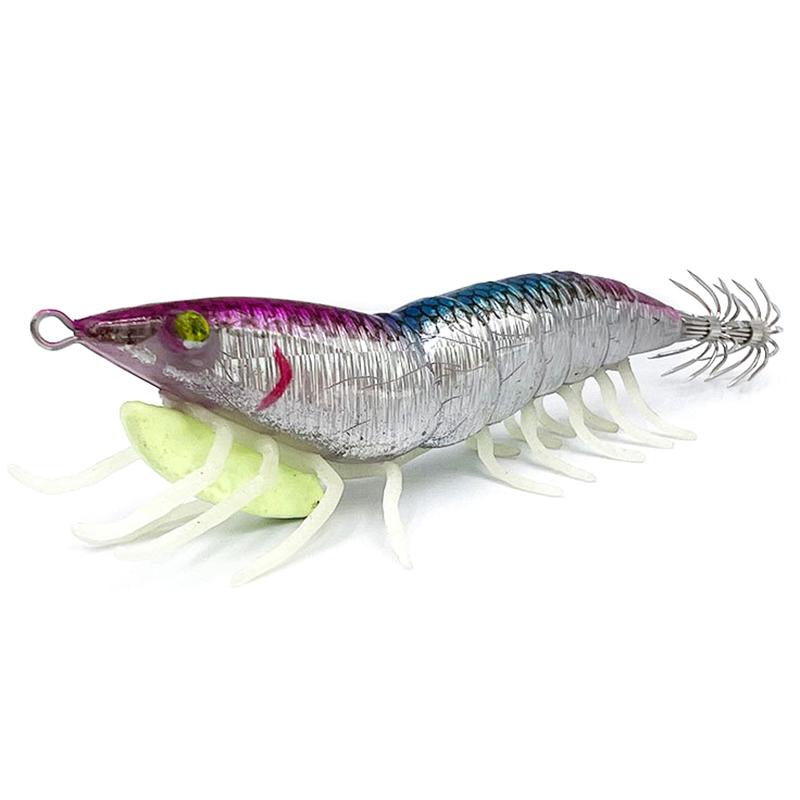 Night Glow Wooden Shrimp Squid Hook Soft Footed Bait with Sound Beads Fake Bait for Fishing
