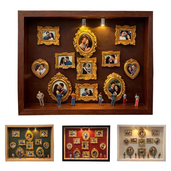 Scatola Ombra Mini Museo Grande con Luce Kit Cornice Scatola Ombra con 8 Miniature e 11 Mini Cornici Dorate Kit Espositore Foto Personalizzato per Anniversari