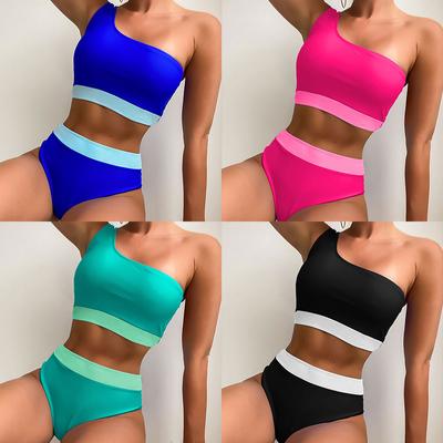 Women's Swimsuit Colorblock One Shoulder High Waist Sexy Bikini Set Brazilian Beachwear Bathing Suits