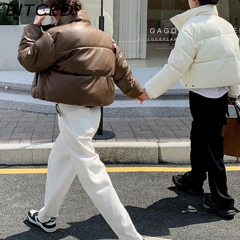 BITCED Autumn/Winter Cotton-Lined Leather Jacket for Women Stand-Up Collar Short-Length Warm Padded Coat