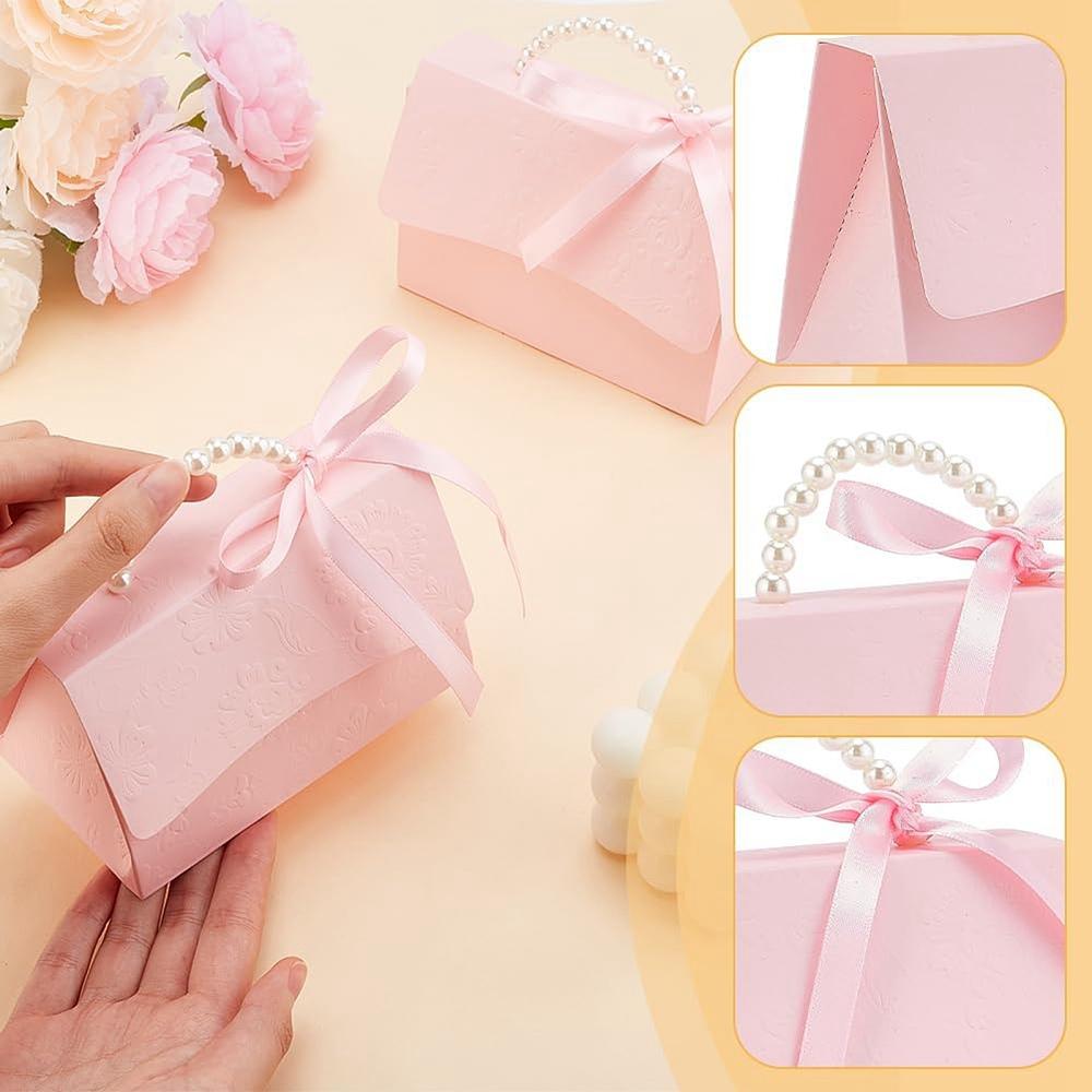 12sets Wedding Favors Candy Box DIY Set including 1 Sheet Craft Papar 1Pc Ribbon 1Pc Beaded Handle 2 Pairs Round Hook & Loop