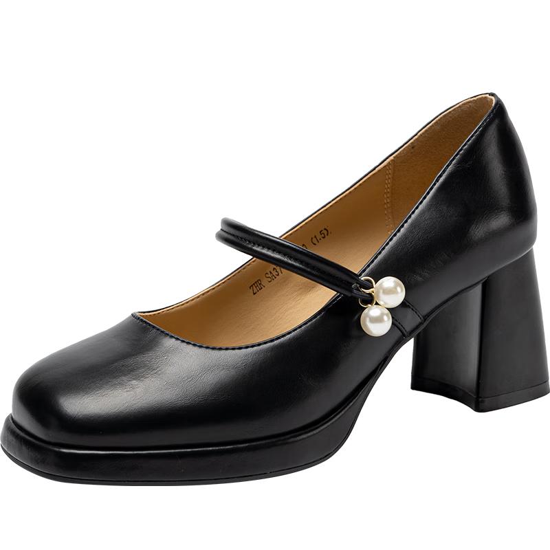 ZHR Elegant Sheepskin Mary Jane Chunky Heel Pumps