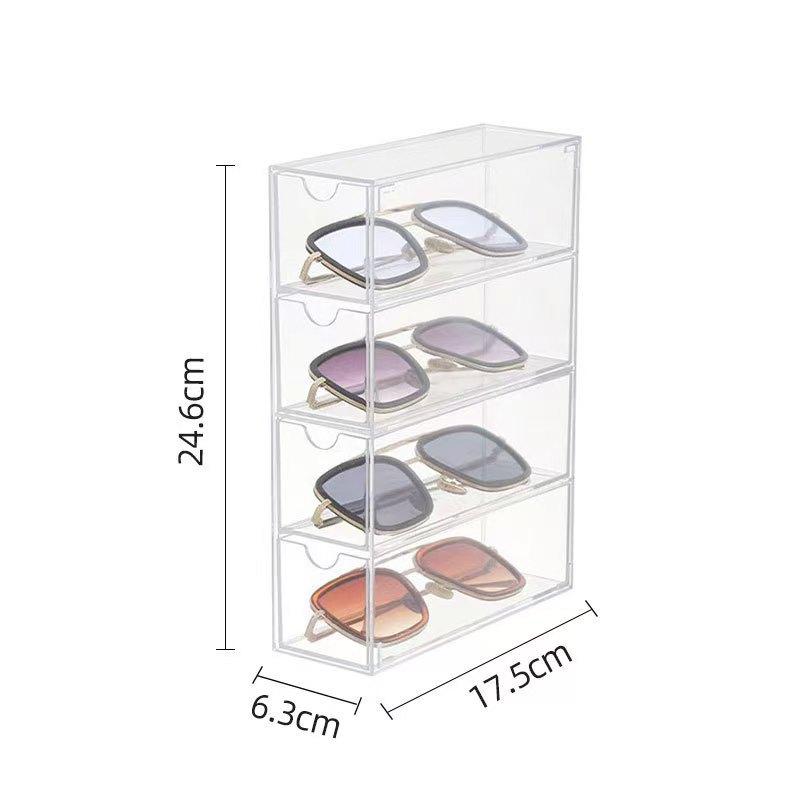3 PCS Clear Sunglasses Organizers, 4 Tier Clear Plastic Sunglasses Organizer with Drawers, Transparent Glasses Holder, Eyewear Display Case 1PCS