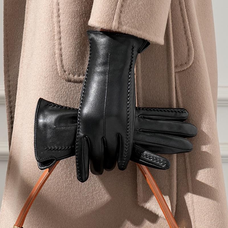 Women's Lambskin Leather Touchscreen Gloves - Winter, Velvet-Lined, Warm, Windproof, Coldproof
