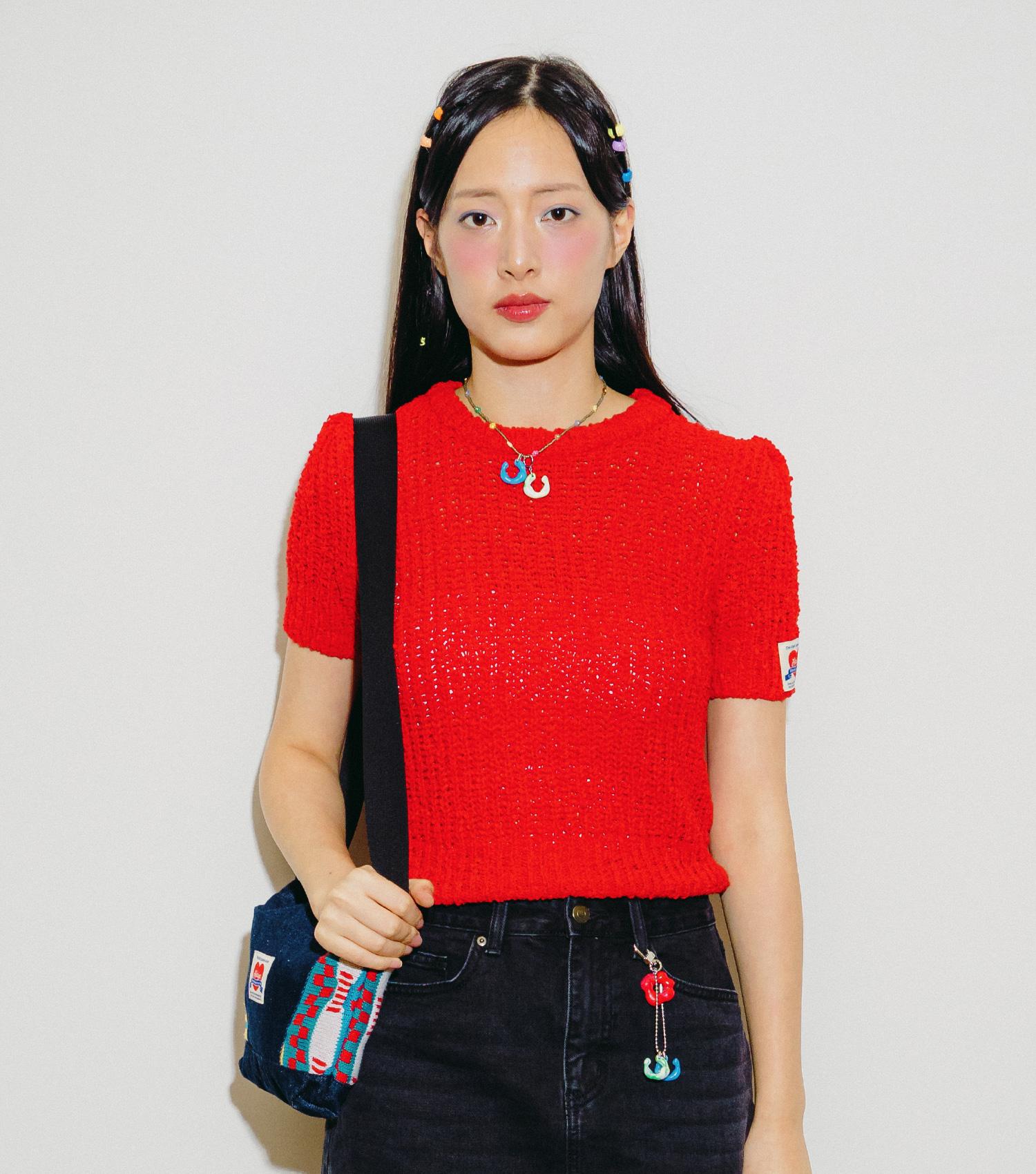 Hiya Puff Sleeve Short-Sleeve Knit Top, Red