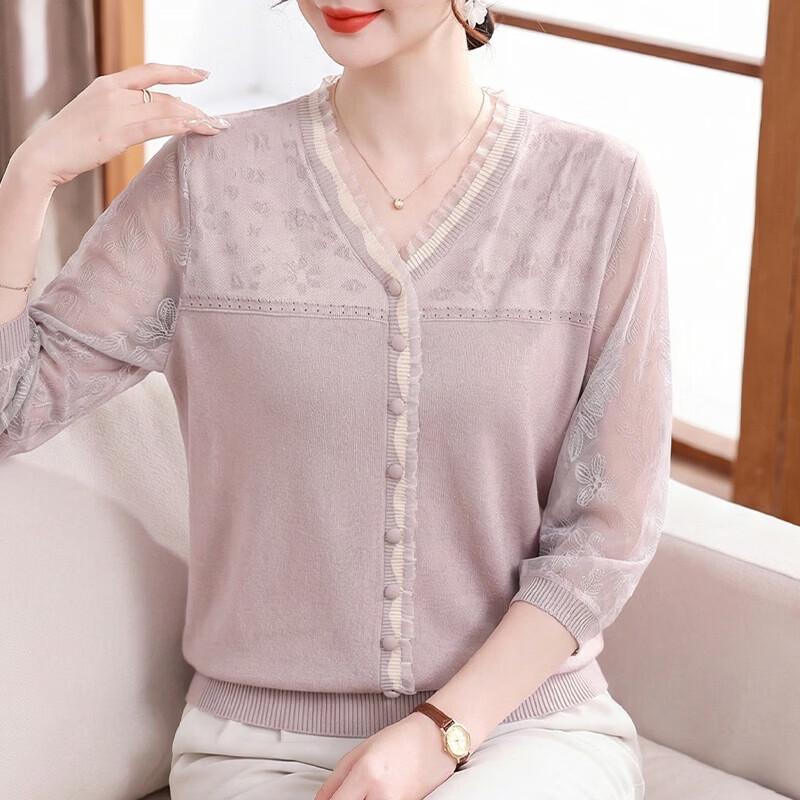 Elegant Mid-aged Women's 3/4 Sleeve Mesh Knit Blouse