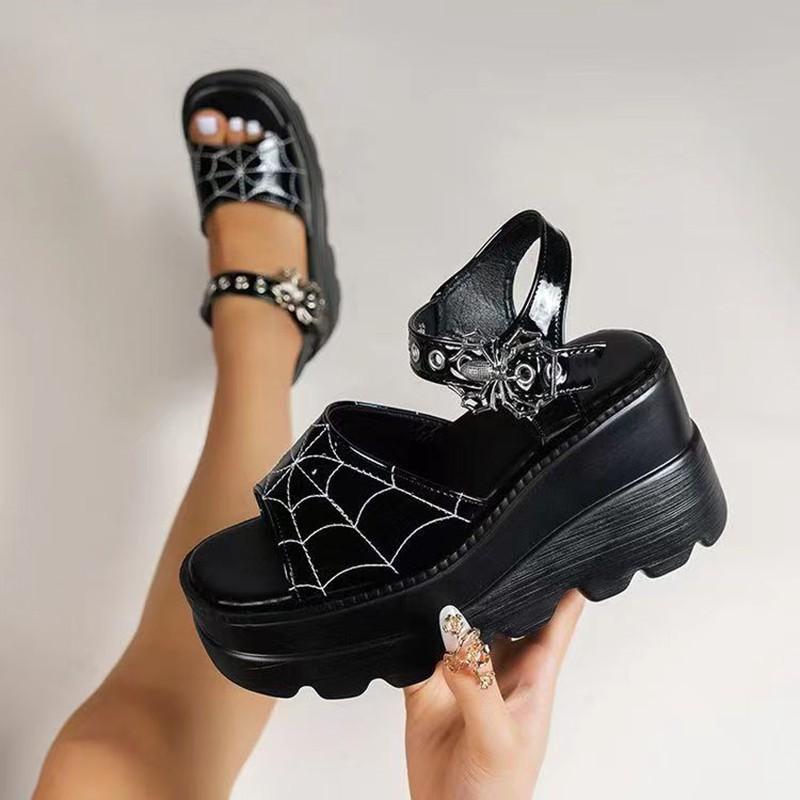 Summer Gothic Platform Sandals Punk Style Babes 9cm Spider Web Embroidered Spider Buckle Women's Shoes