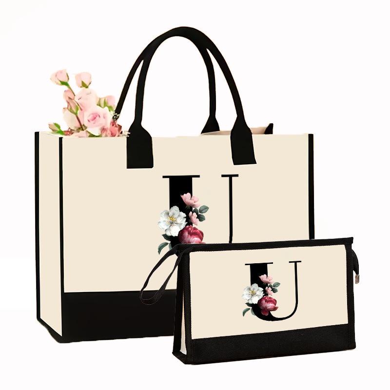 Canvas Shoulder Bag Makeup Set with Color Block Print & Portable Zipper Clutch