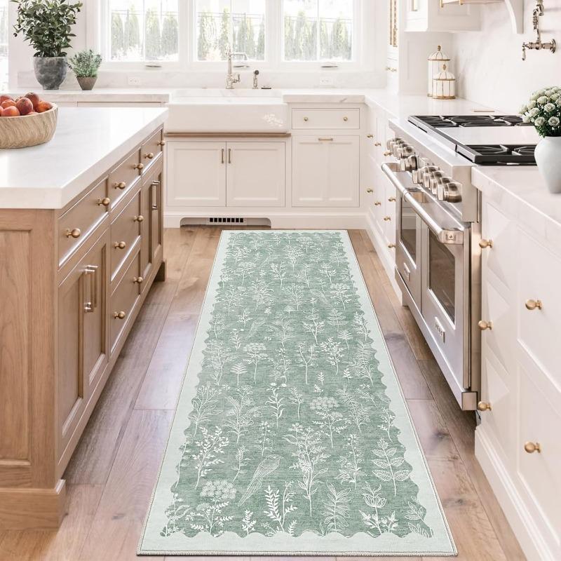 Green Kitchen Carpet Small Fresh Plant Flower Print Runner Fashion Minimalist Machine Washable Foldable Non-Slip Corridor Mat