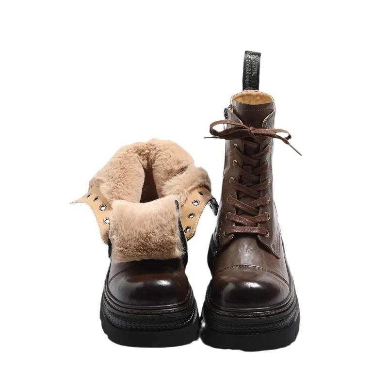 Winter Women's Boots Warm Plush Comfortable Height Increasing Platform Outdoor Snow Boots Lace Up Waterproof Brown Short Boots