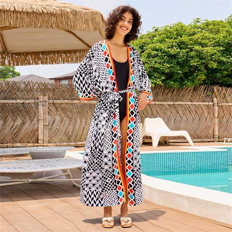 EDOLYNSA 2024 Chic Plaid Gedruckt Pool Party Sexy Badeanzug Bikini Vertuschungen Sommer Frauen Gürtel Kimono Kleid Tunika Plus Größe Strand Vertuschungen Q1332