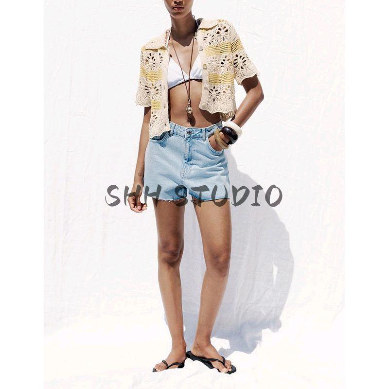 Summer New Product Women's Clothes Vacation Style Decorated Row Button Jacquard Mesh Lapel Sleeveless Knitting Tops 6236021