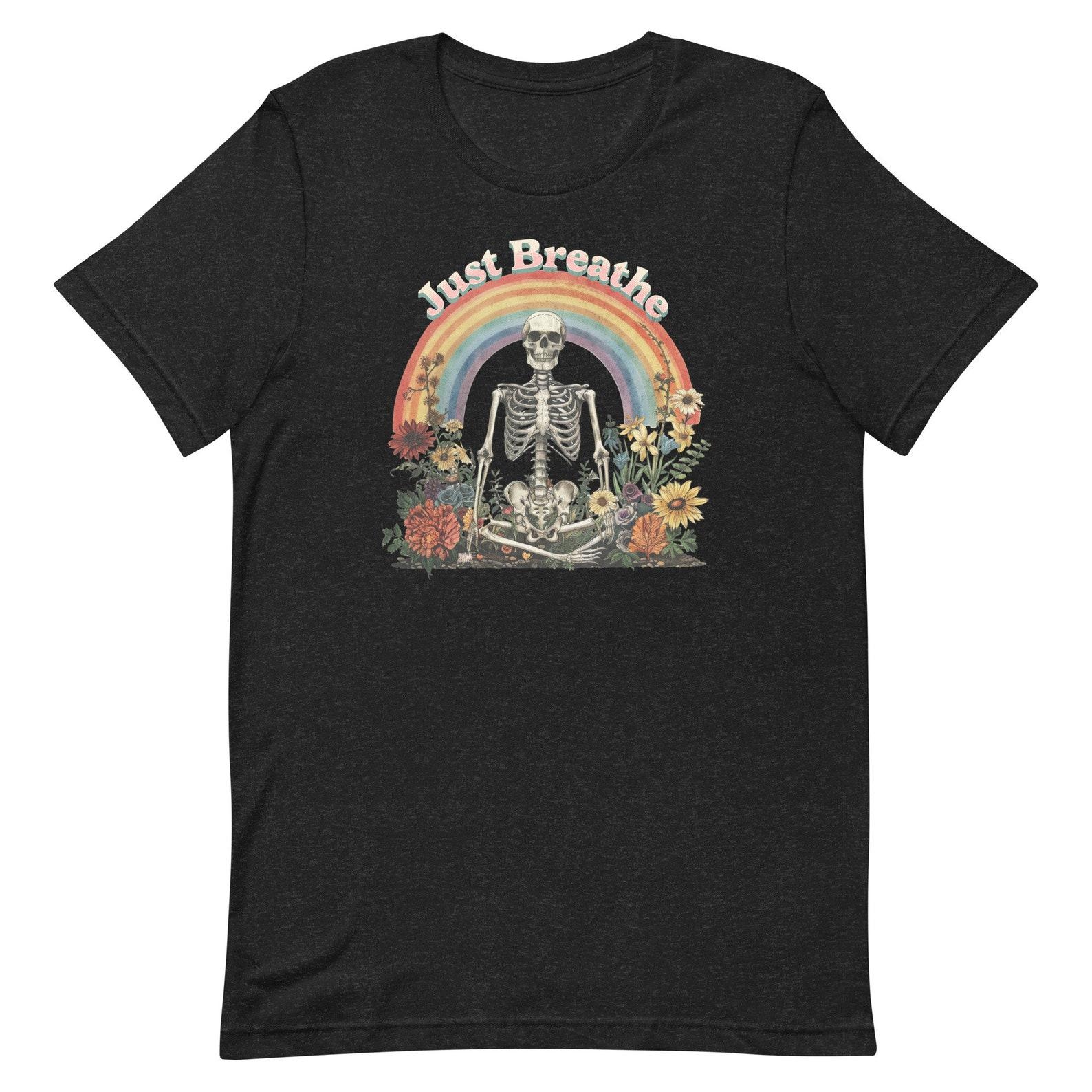 Skeleton Meditation Shirt, Rainbow Shirt, Just Breathe, Zen Skeleton, Flower Shirt, Boho Shirt, Hippie Shirt, Yoga Tee 3XL