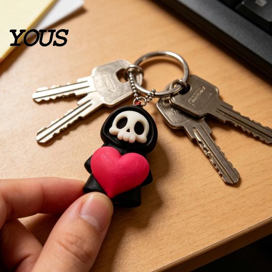Holding Heart Grim Reaper Decor Keychain Charm, 3D Printed Gothic Skull with Hanging Ball Chain, Backpacks Bags Purse Decoration, Halloween