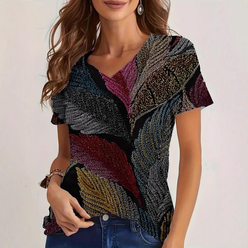 Womens V-Neck Loose Fit Short Sleeve T-Shirt With Floral Print Casual Top