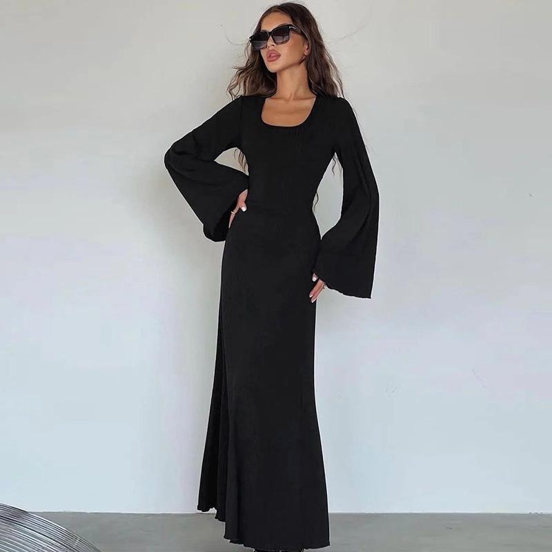 Women's U Neck Long Sleeve Maxi Dress Loose Fit Elastic Waist Fresh Sweet Ribbed Knit Flared Skirt Back Tie Casual Long Gown