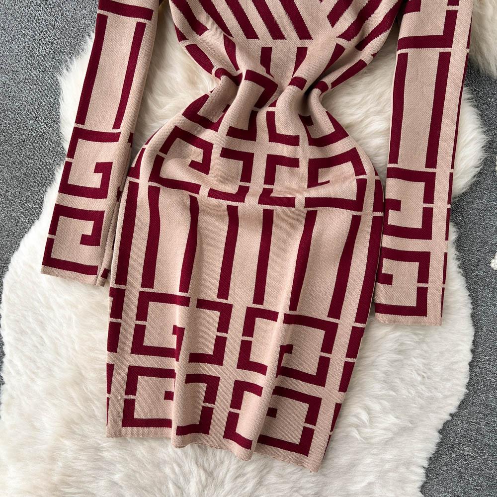 Spring Autumn V-neck Geometry Pattern Knitted Sweater Dresses Women Full Sleeve Mini Slim Bodycon Pencil Dress