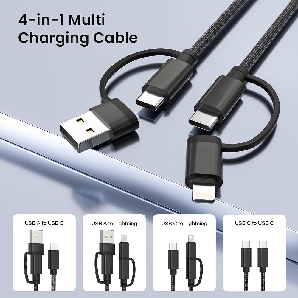 Basesailor 4 in 1 USB Type C Charging Cable 3M 60W Fast Charging Cord Type C Lightning Micro USB ...