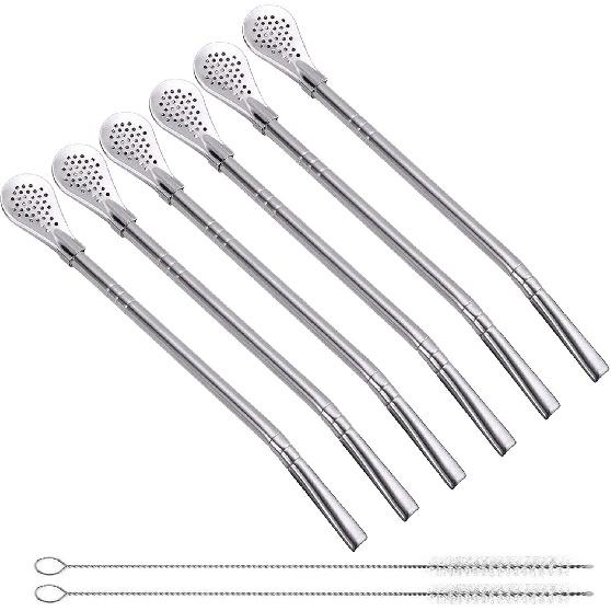 6 Pcs Yerba Mate Bombilla Drinking Filter Straws with 2 Pcs Cleaning Brushes Detachable Stainless Steel Drinking Straws, 7.3 Inch