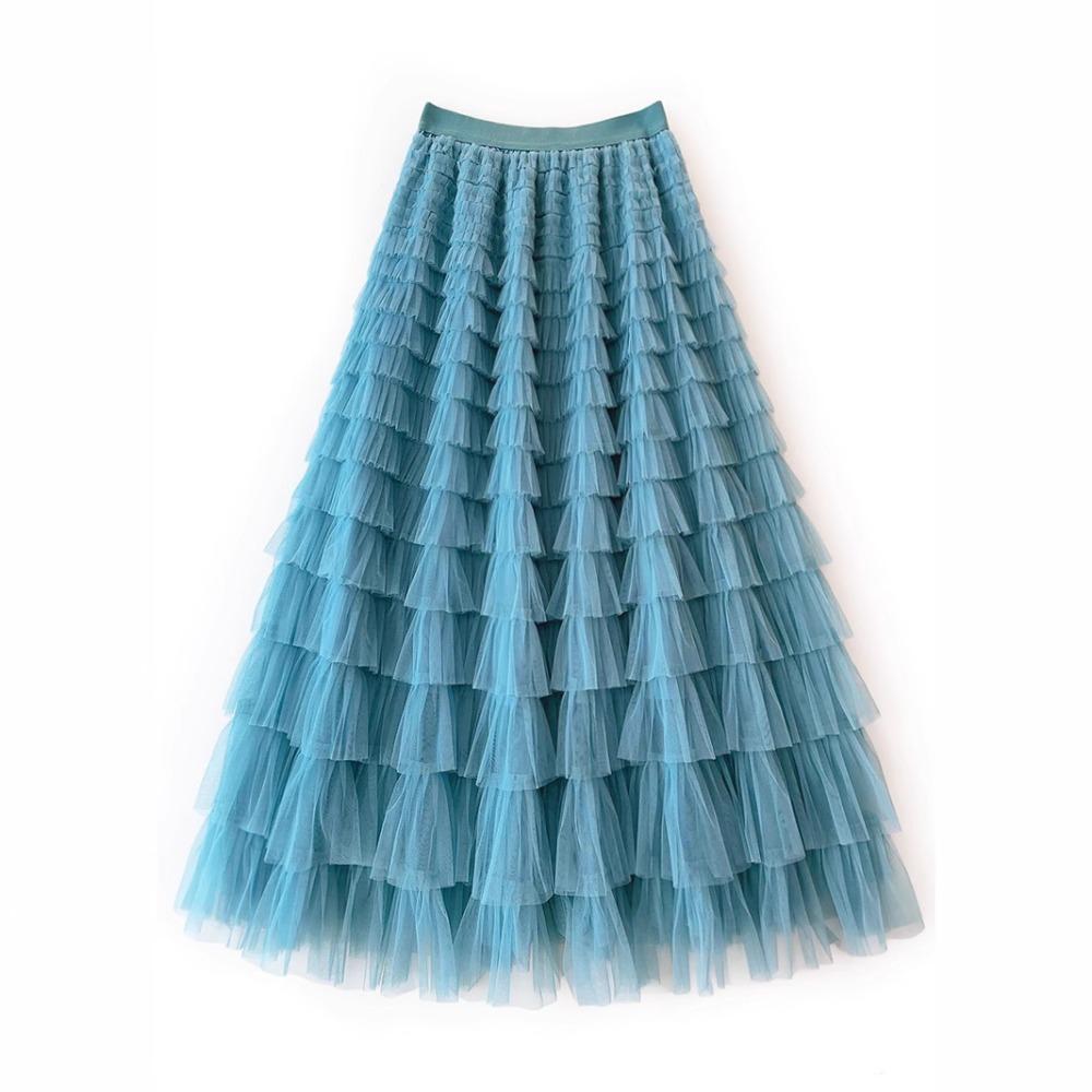 Women's Elastic Waist A‑Line Maxi Tulle Skirt Fresh Sweet Tiered Cake Long Skirt