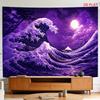 2D Flat - 2D Flat - A Tapestry Featuring a Large Or Small Design of The Rising Wave, Mount Fuji, The Moon, a Purple Sky, And The Ocean, Perfect for De