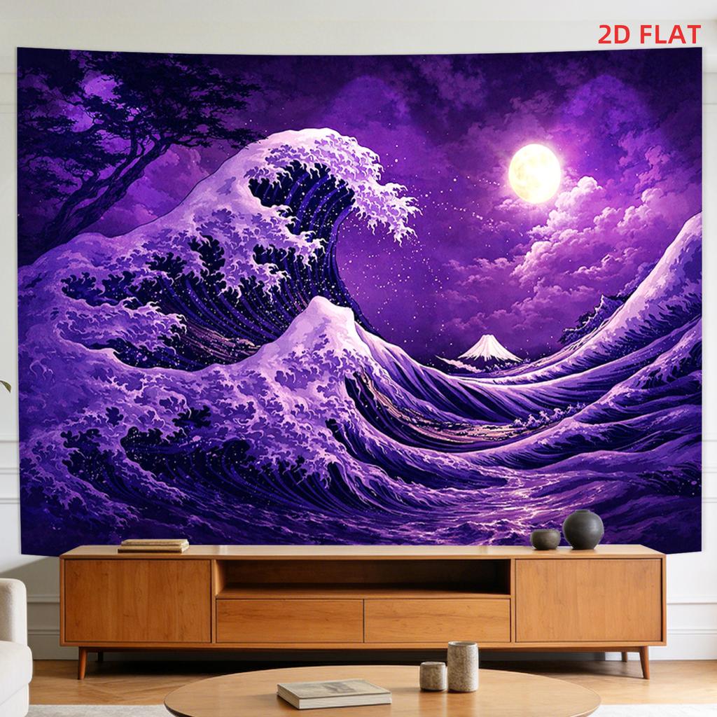 2D Flat - 2D Flat - A Tapestry Featuring a Large Or Small Design of The Rising Wave, Mount Fuji, The Moon, a Purple Sky, And The Ocean, Perfect for De
