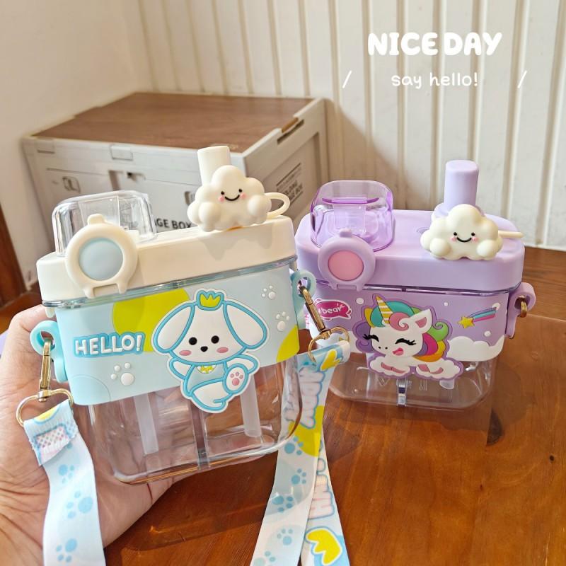 Dual Compartment Kids Water Bottle With Straw Silicone Sleeve - Cartoon Design 580ml BPA-Free PC Plastic