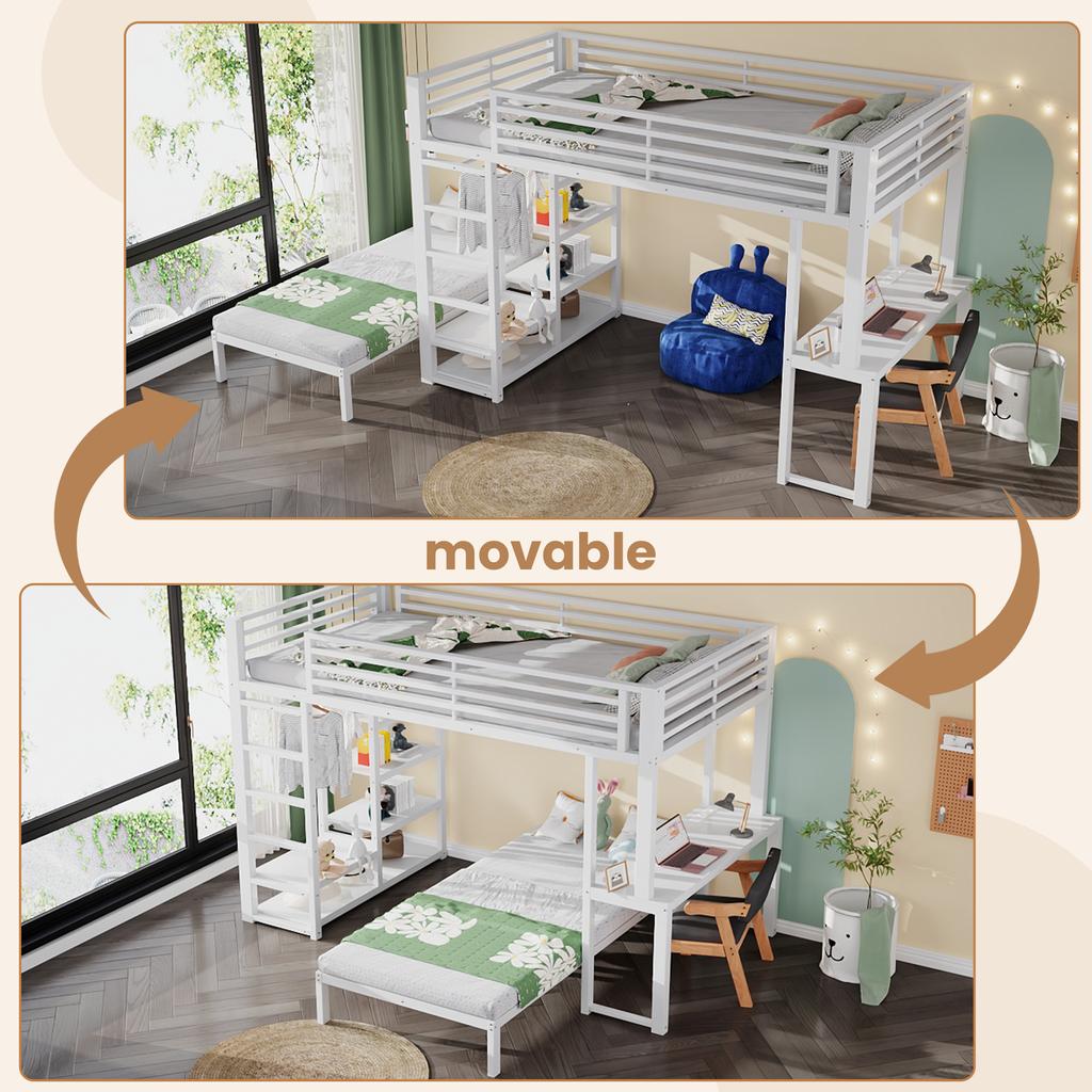 Two Sleeping Places, Loft Bed, Iron Frame, 90 x 200 cm, Desk, Socket USB and Type-C Port, Shelves, Clothes, EN747 Certified, Without Mattress, White