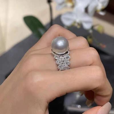 Wunderschöner weißer Perlen-Fingerring für Damen, Hochzeitsfeier, voller Diamant-Zirkon, Luxus, Sterlingsilber-Accessoires