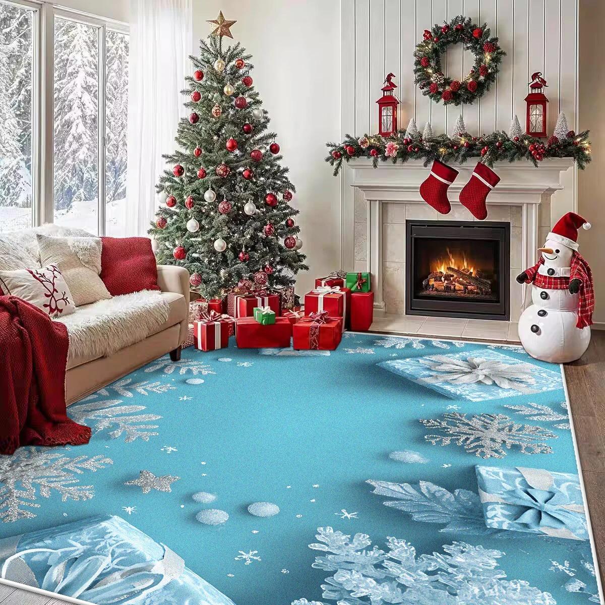 

Christmas Pattern Large Area Blue Carpet Living Room Anti-slip Soft Bedroom Bedside Decoration Winter Rug Entrance Door Mat 40x60CM