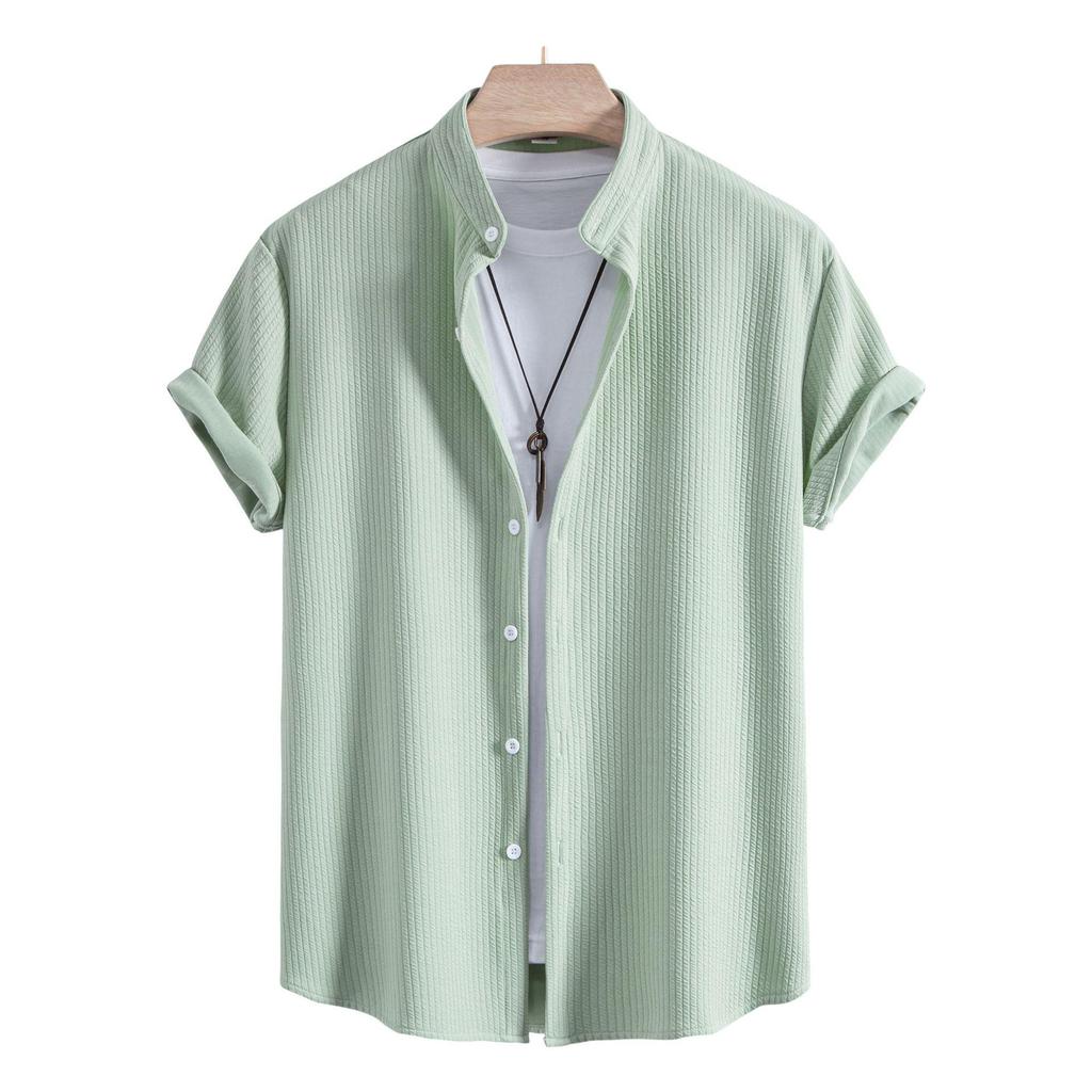 2025 Men's Solid Color Short Sleeve Lapel Shirt - European & American Casual