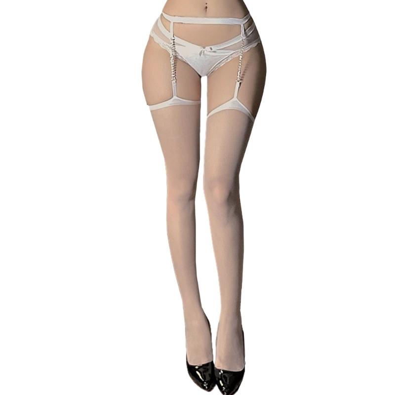 Women See Through Thigh High Stockings with Garter Belt Rhinestones Chain Sheer Silk Pantyhose Suspender Tights Lingerie
