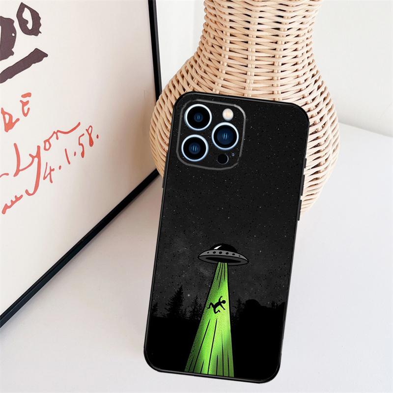 Cartoon Space Alien UFO Case For iPhone 11 12 13 14 16 15 Pro Max Mini X XS Max XR Plus Cover Coque