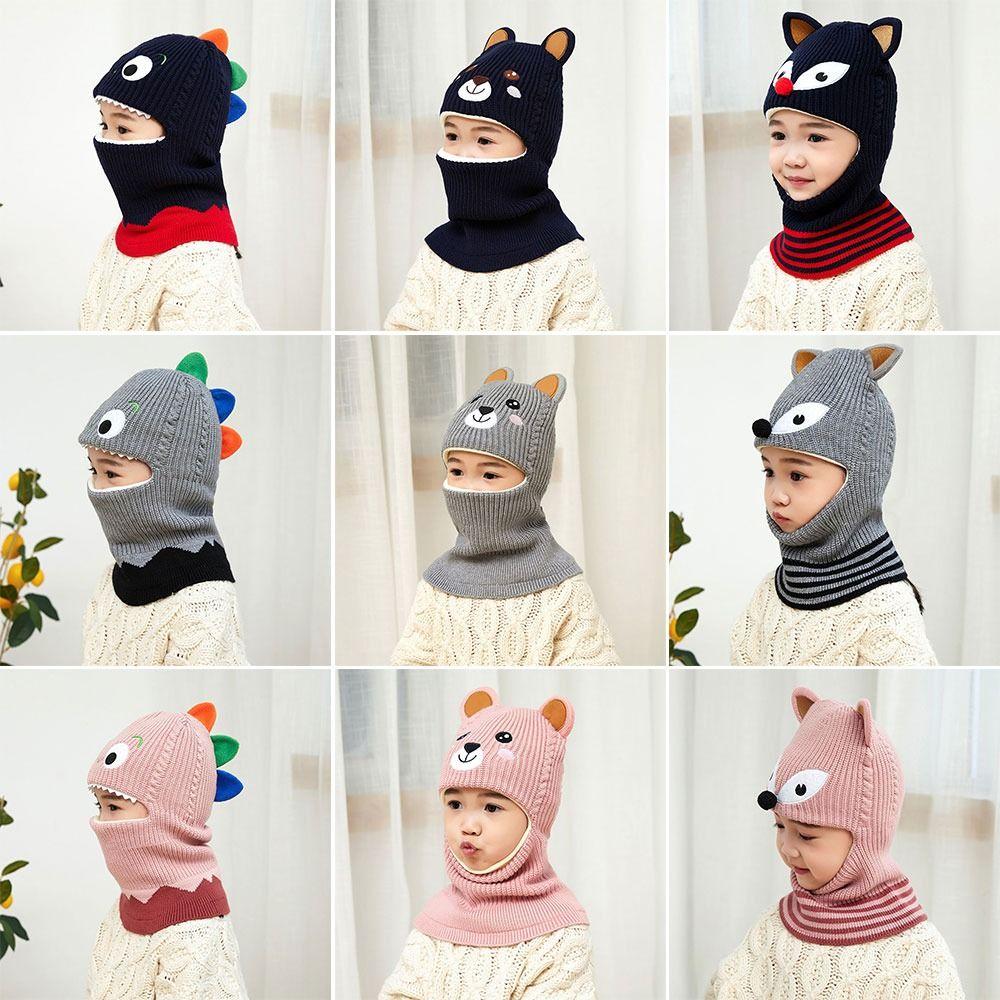 

Windproof Dinosaur Fox Child Girls Earflap Caps Winter Knit Hat Kids Beanie Hats Neck Protect Black-Dinosaur