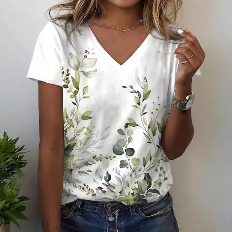 Women's T-shirt Summer Casual Outdoor V-neck Blouse Short-sleeved 3D Printed Pattern Versatile Large Size Loose Comfortable Short