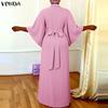 VONDA Elegant Women Batwing Sleeve Belt Waist Casual Loose Maxi Dress