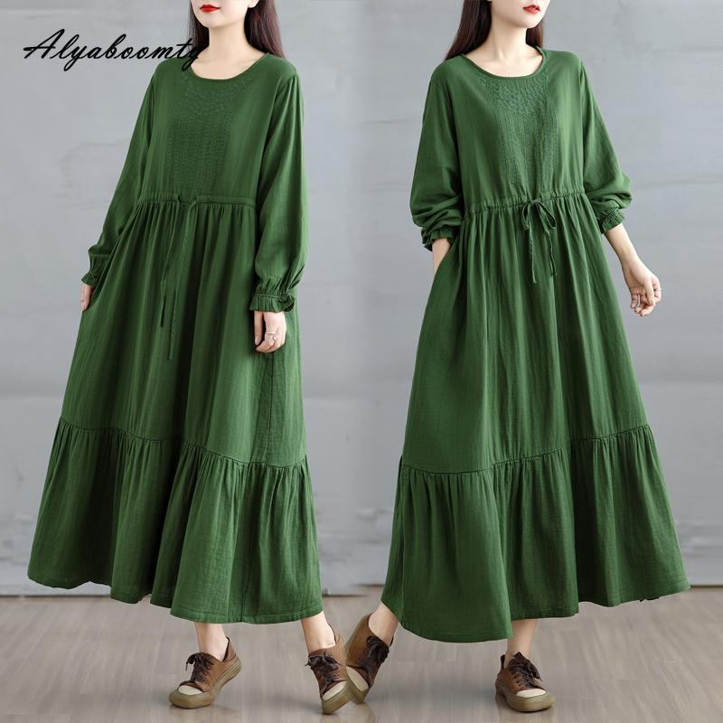 Korean Style Plus Size Spring Autumn Women Midi Dress O Neck Red Green Brown Burgundy Oversized Dress Lace Up Embroidery Cotton Dress