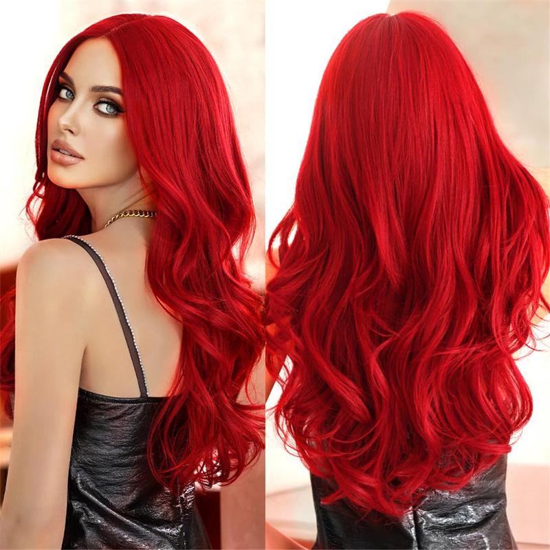 Synthetic Long Red Mermaid Wig for Women Natural Looking Curly Wavy Hair Wigs for Daily Party Use Heat Resistant Fiber