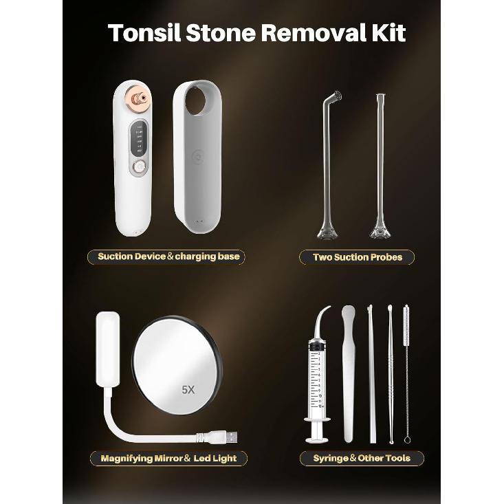 Voraiya Tonsil Stone Remover Kit - Electronic Vacuum Tonsil Stone Removal Tool with 5 Suction Modes, 5X Magnifying Mirror, LED Light Includes