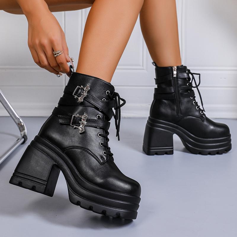 Fashion Chunky High Heel Ankle Boots Women 2025 Thick Platform Punk Gothic Boots Woman Fashion Buckle Lace Up Motorcycle Botas Mujer